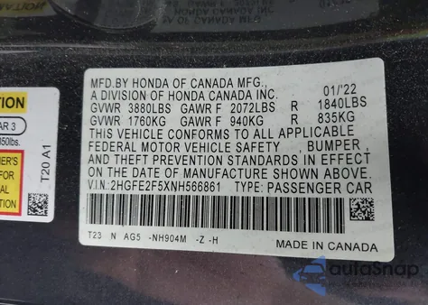 2022 Honda Civic Sport from USA, damaged, VIN 2HGFE2F5XNH566861